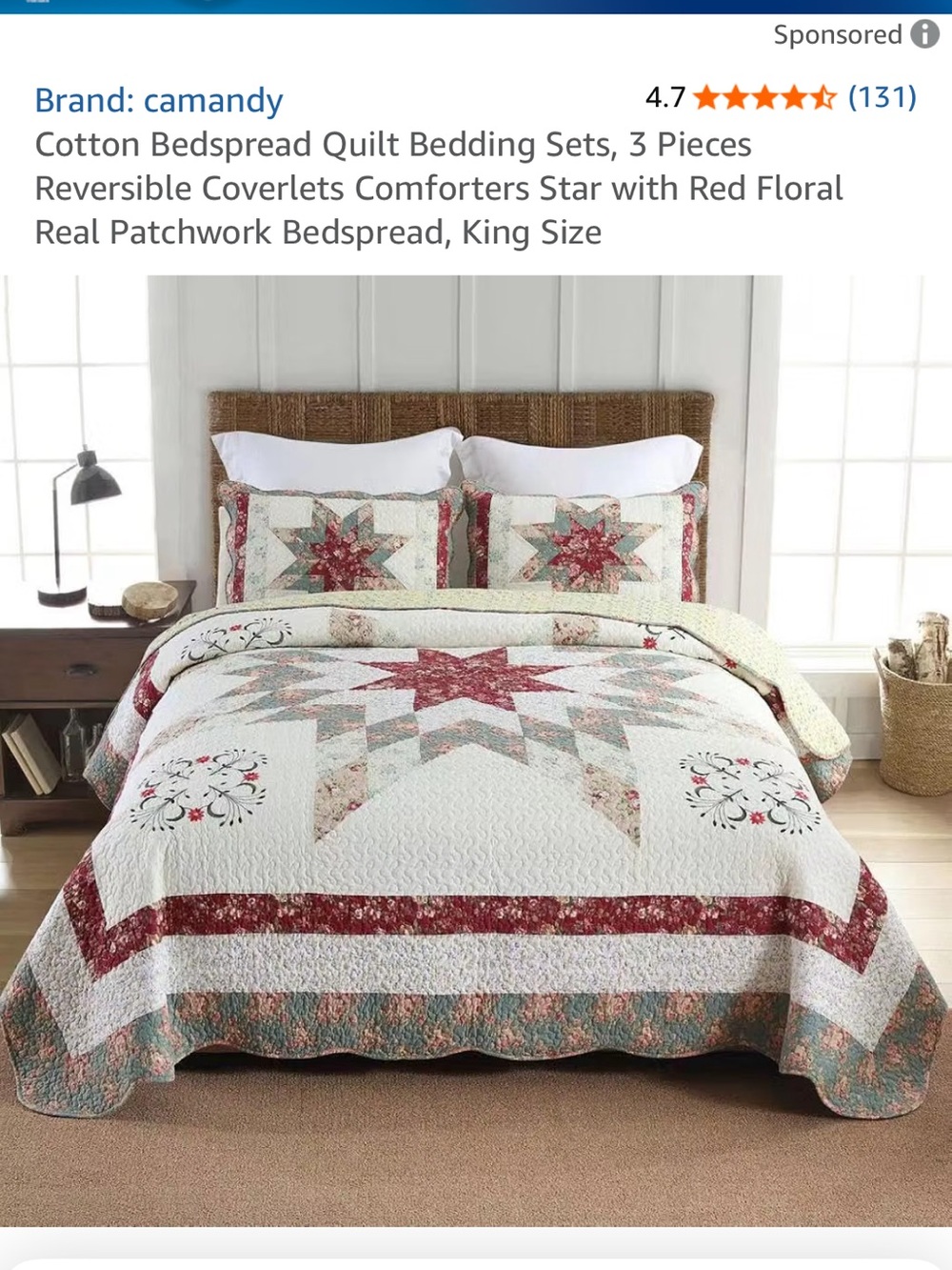 Red Floral Star Quilt Bedspread Set - Reversible 3-Piece Bedding